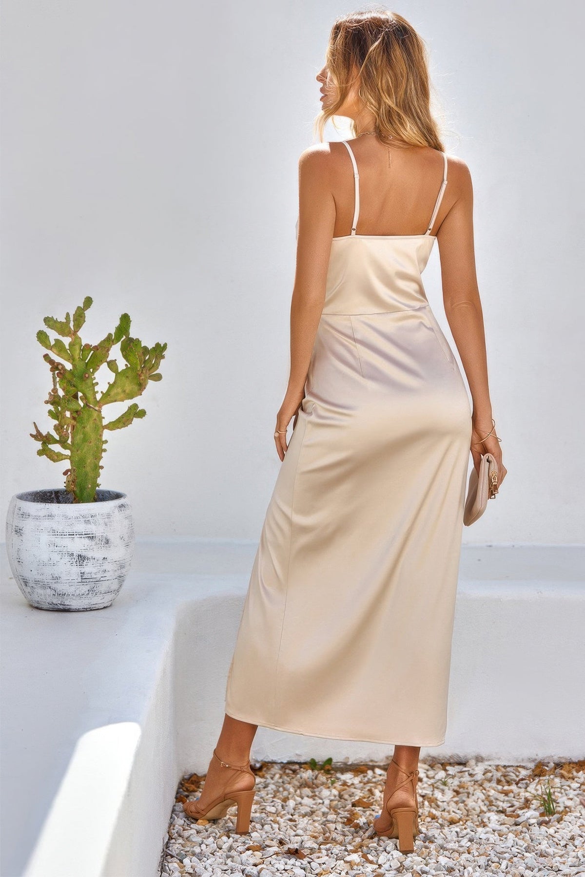 Spaghetti Strap Cowl Neck Split Midi Slit Dress