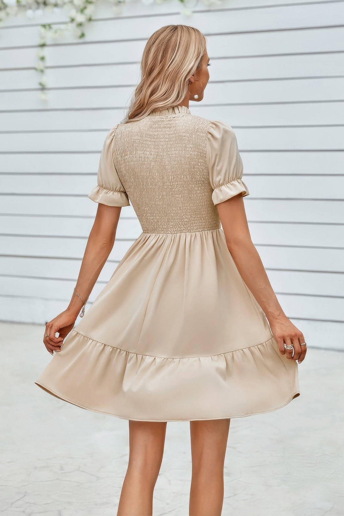 Solid Puff Sleeve Shirred Detail Ruffle Hem Dress