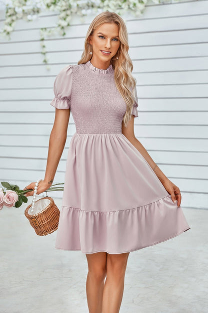 Solid Puff Sleeve Shirred Detail Ruffle Hem Dress