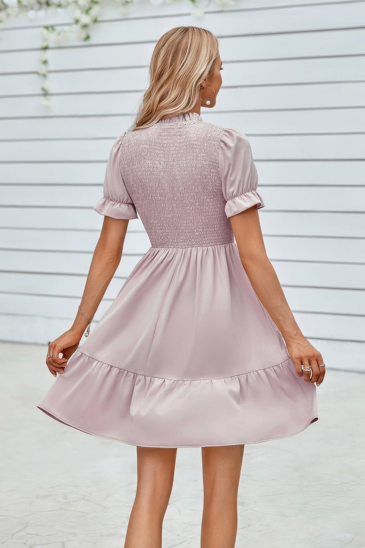 Solid Puff Sleeve Shirred Detail Ruffle Hem Dress