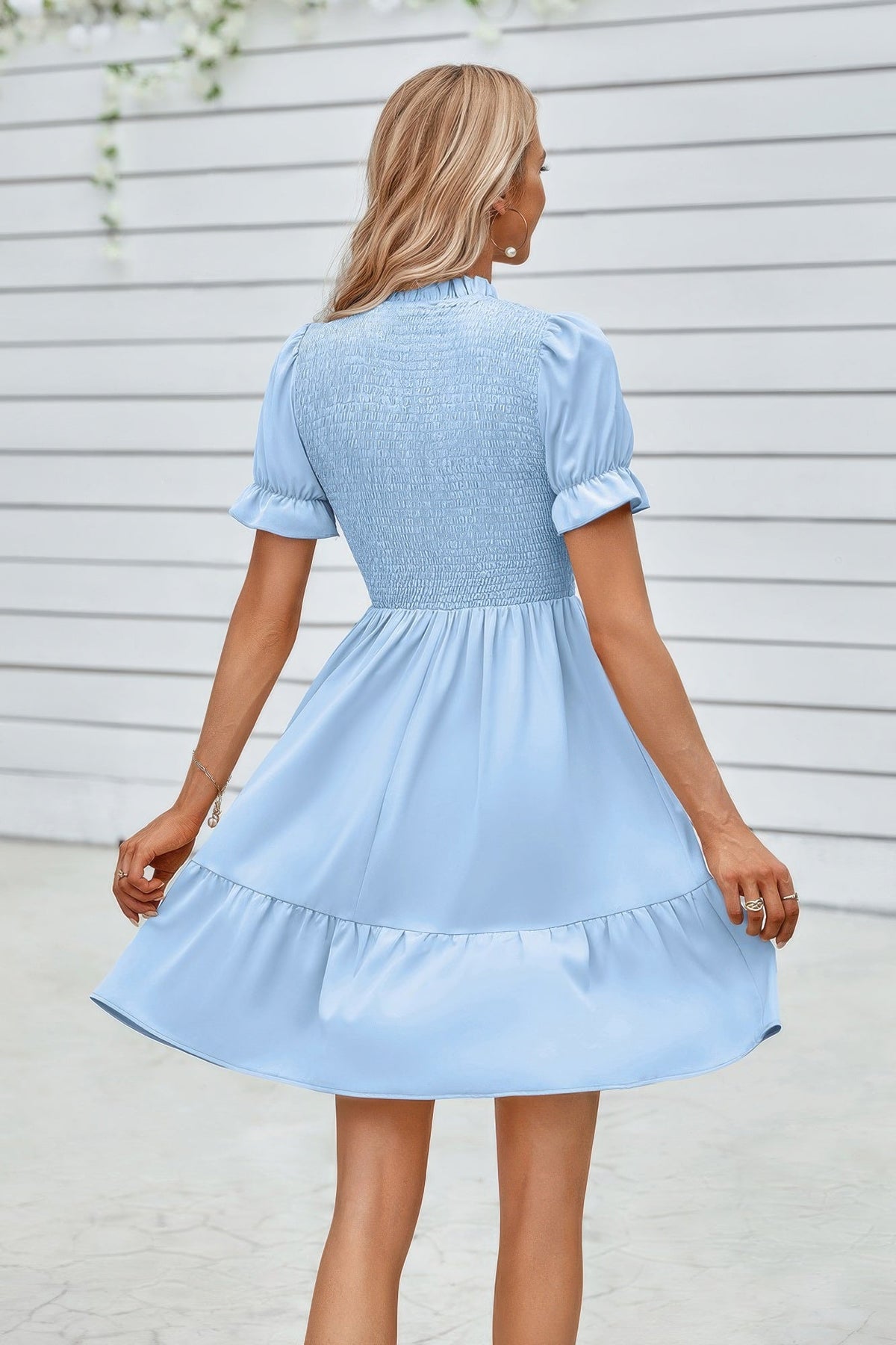 Solid Puff Sleeve Shirred Detail Ruffle Hem Dress