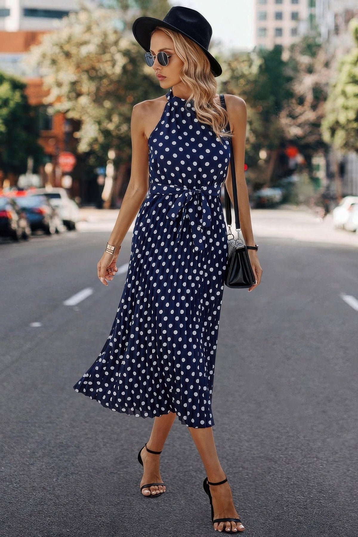 Dot Print Open Shoulder Fit Knot Belt Dress