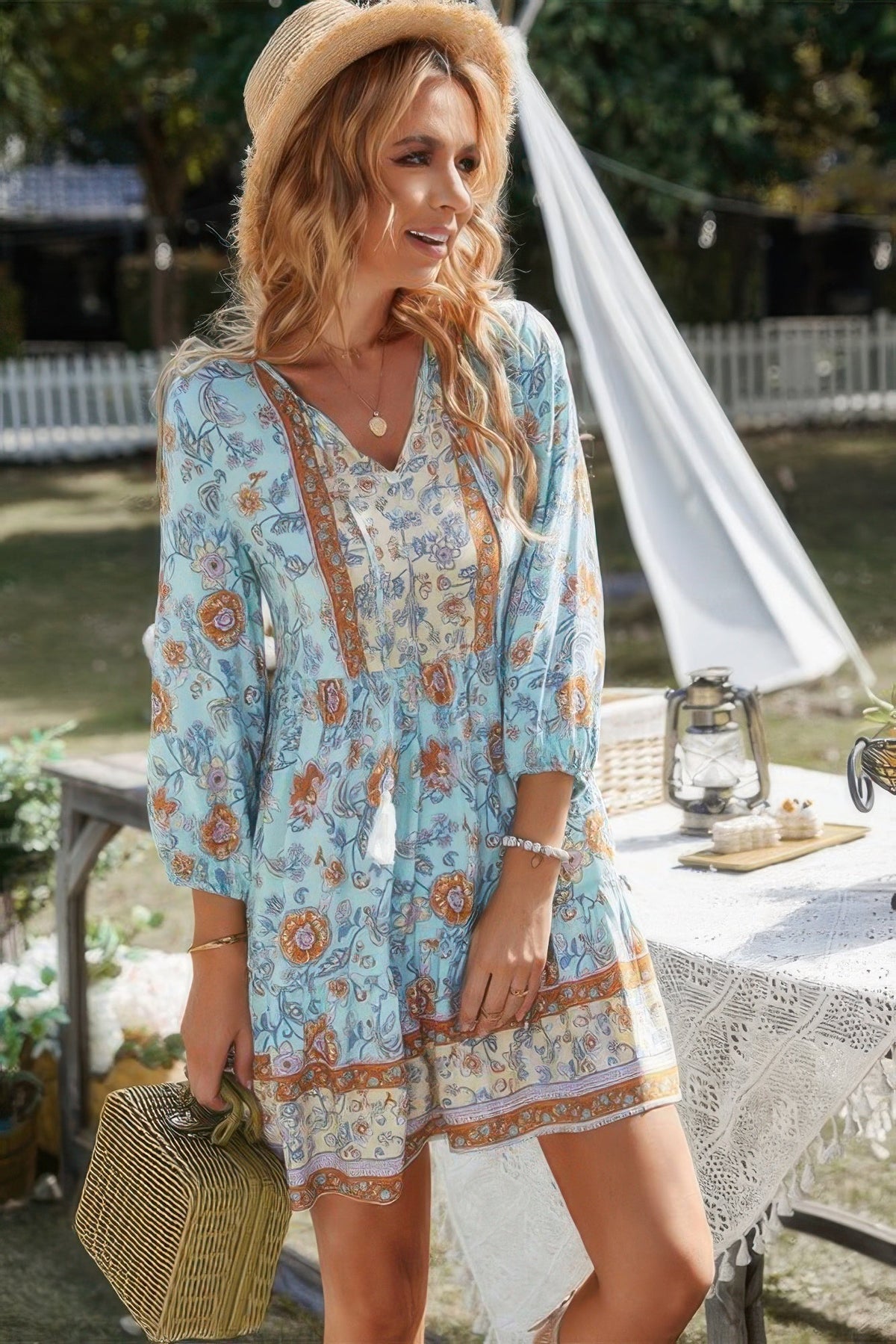 Floral Printed Button Down V Neck Long Sleeve Dress