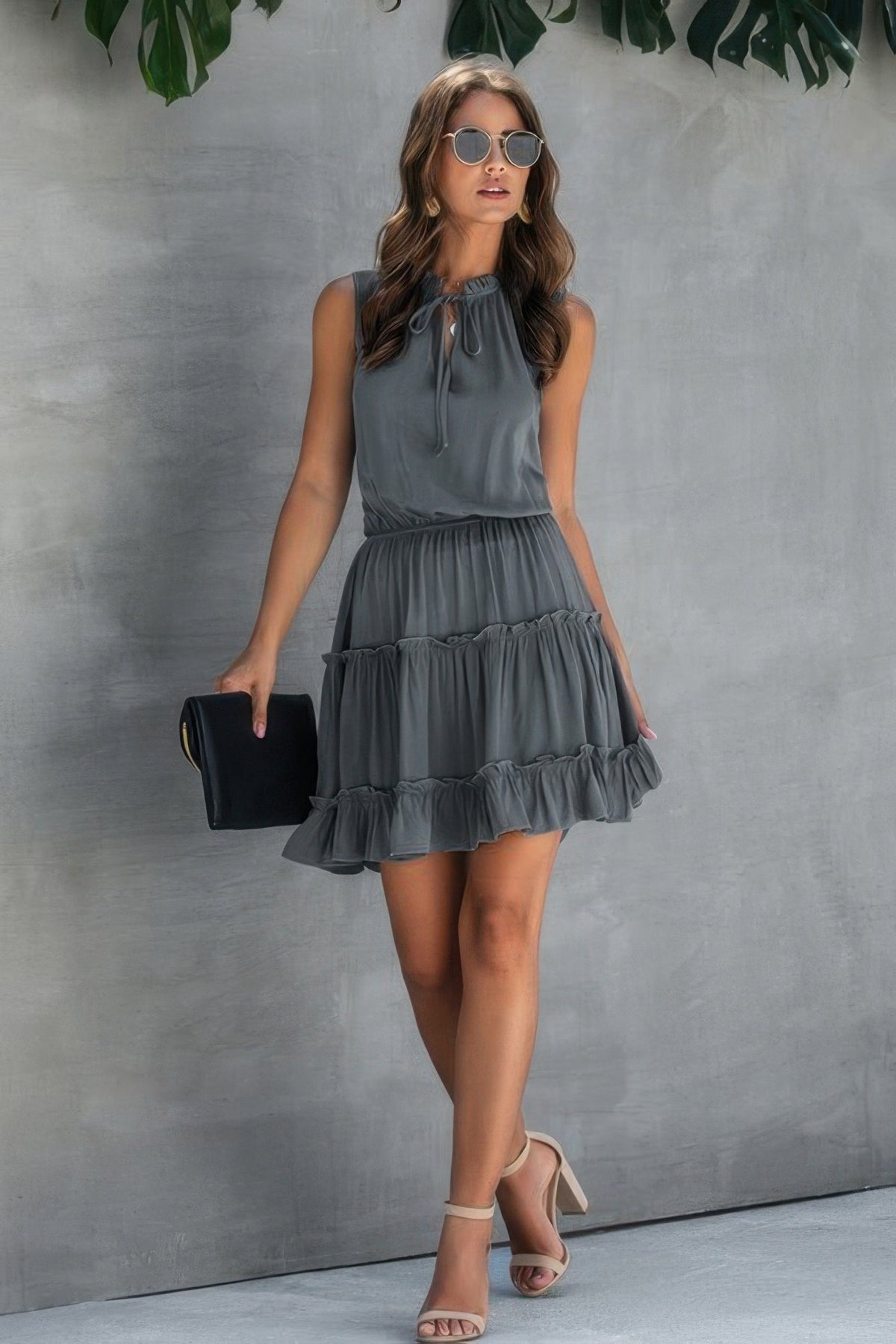 Sleeveless Tie Neck Frill Trim Tiered Layer Dress
