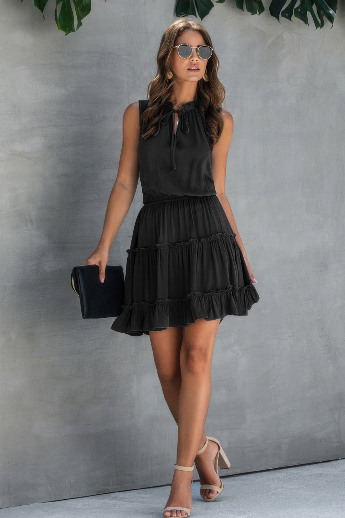 Sleeveless Tie Neck Frill Trim Tiered Layer Dress