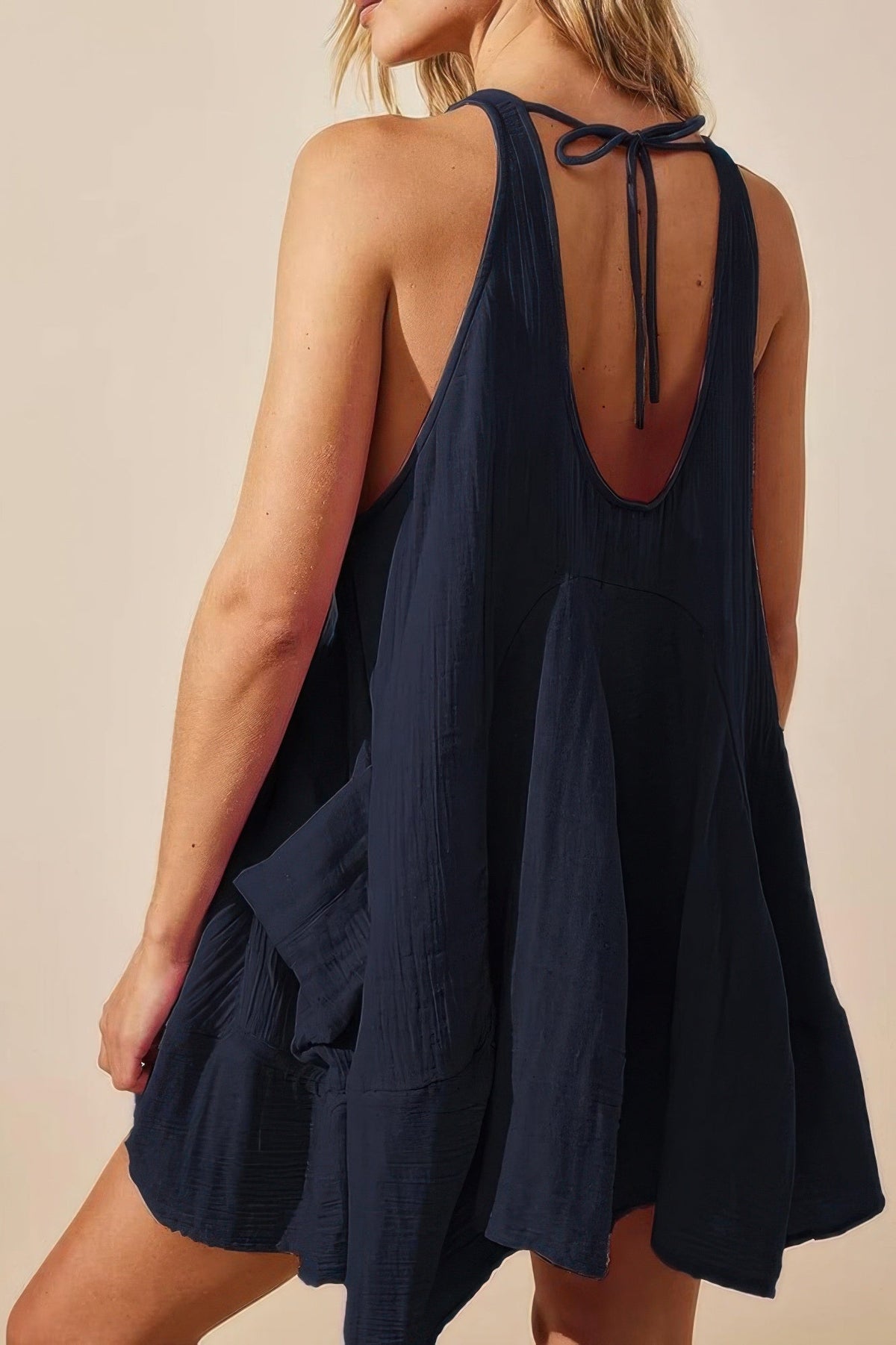 U Neck Backless Sleeveless Mini Pocket Dress