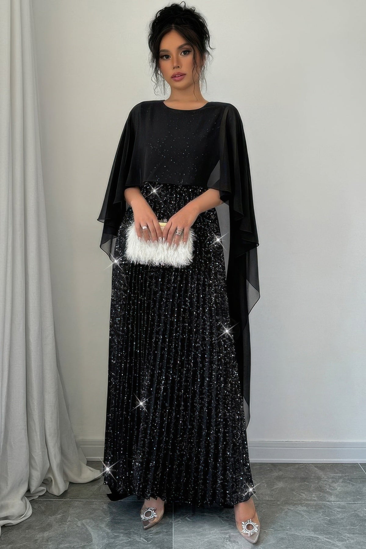 Elegant Sequin Satin Knit Pleated Long Dress