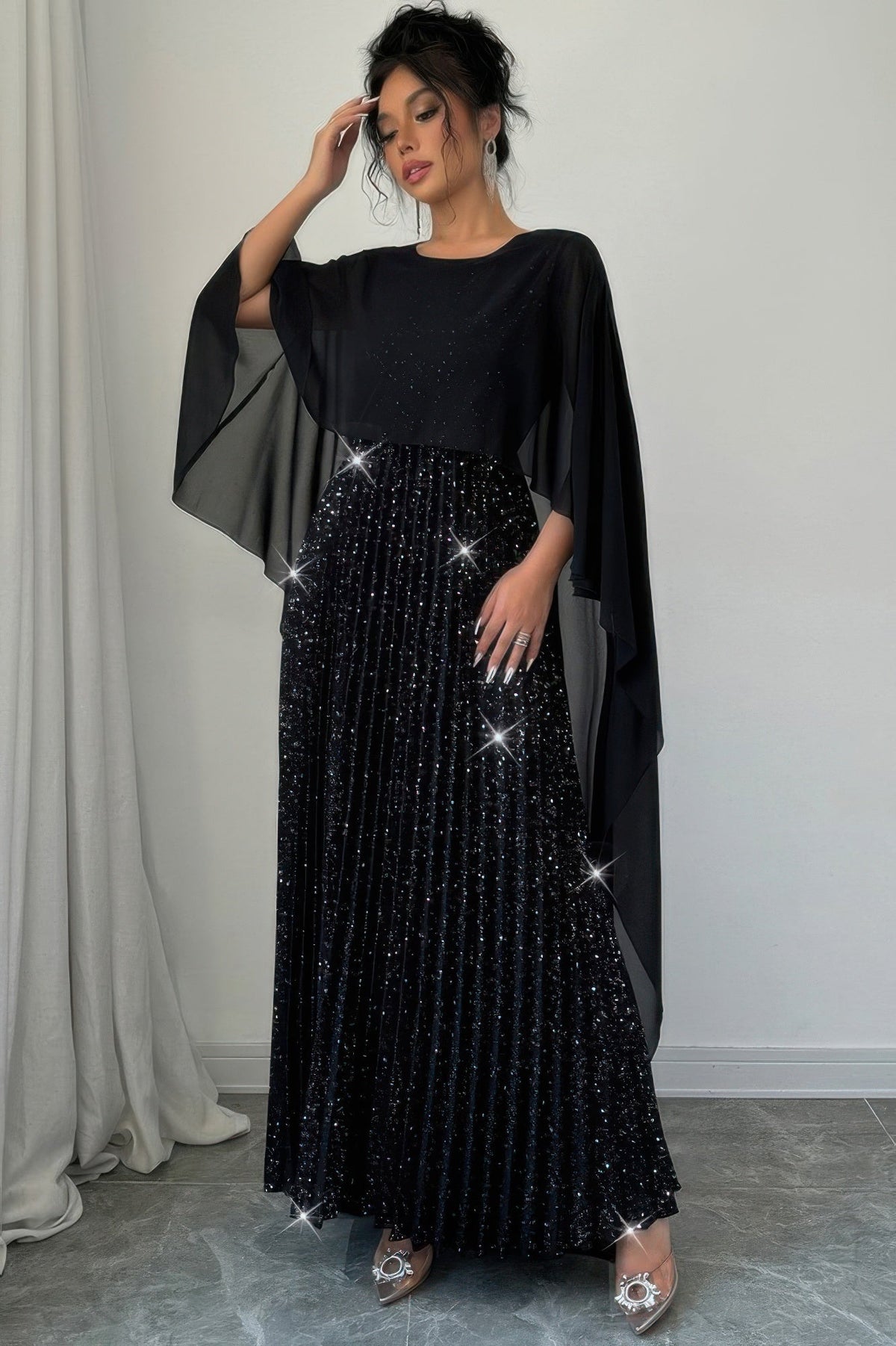 Elegant Sequin Satin Knit Pleated Long Dress