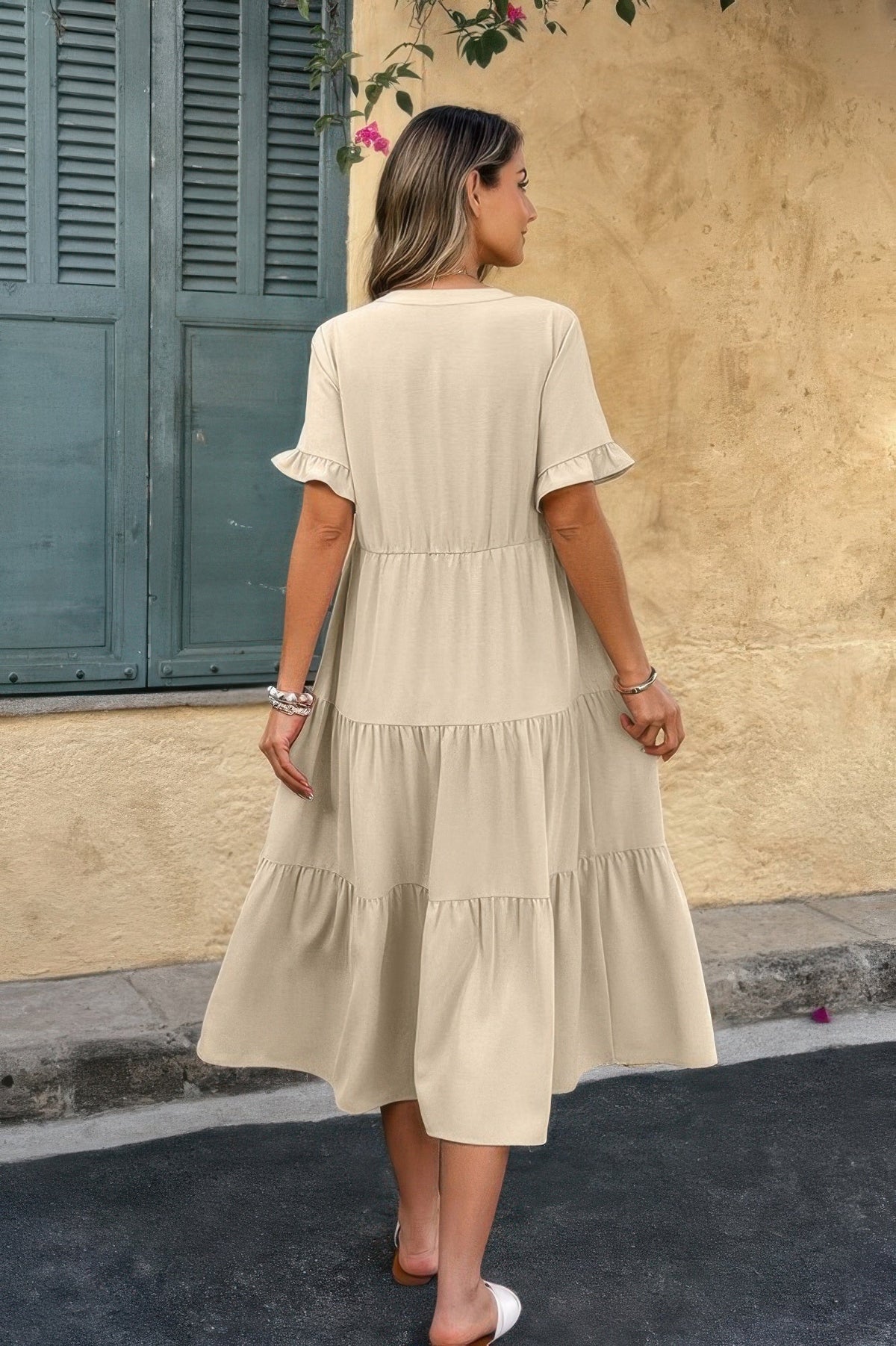 Solid V Neck A Line Ruffle Hem Pleated Dress