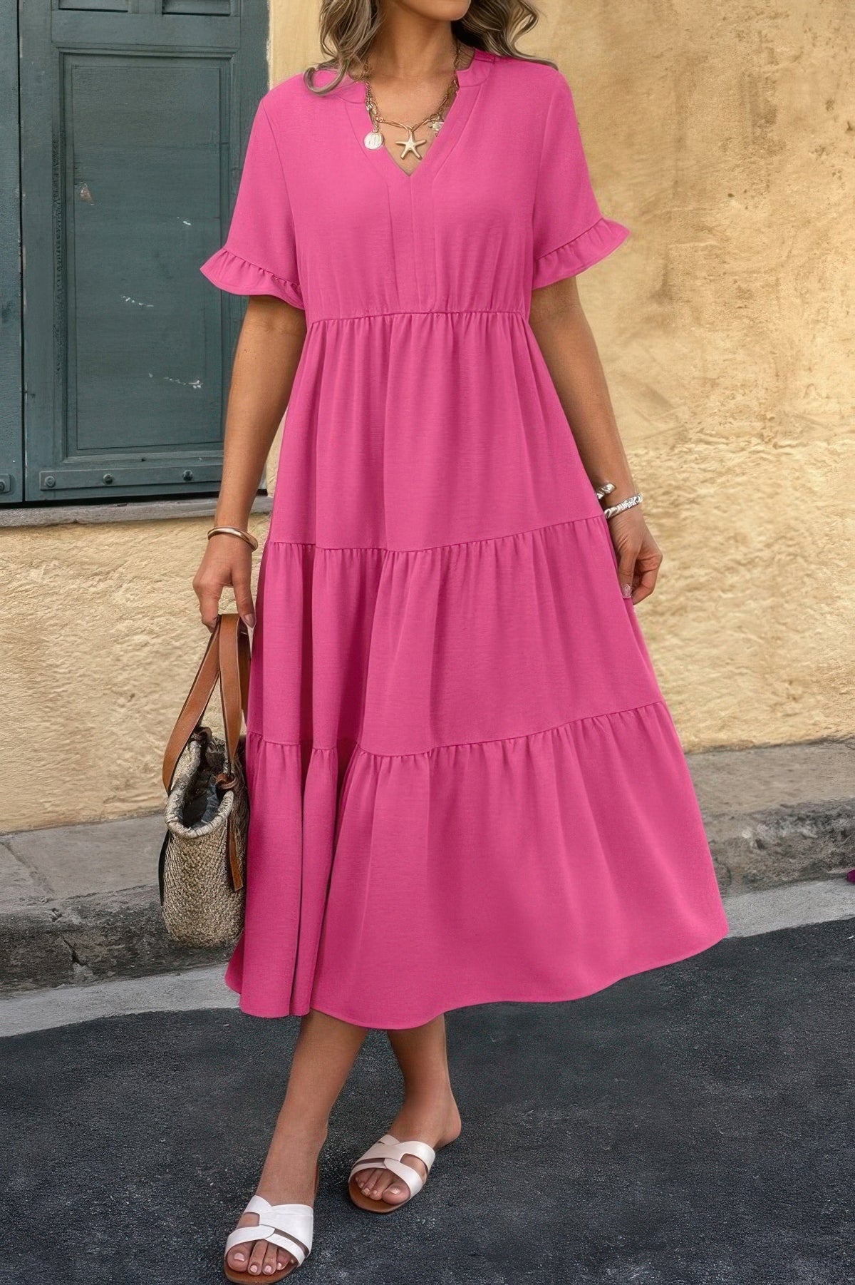 Solid V Neck A Line Ruffle Hem Pleated Dress
