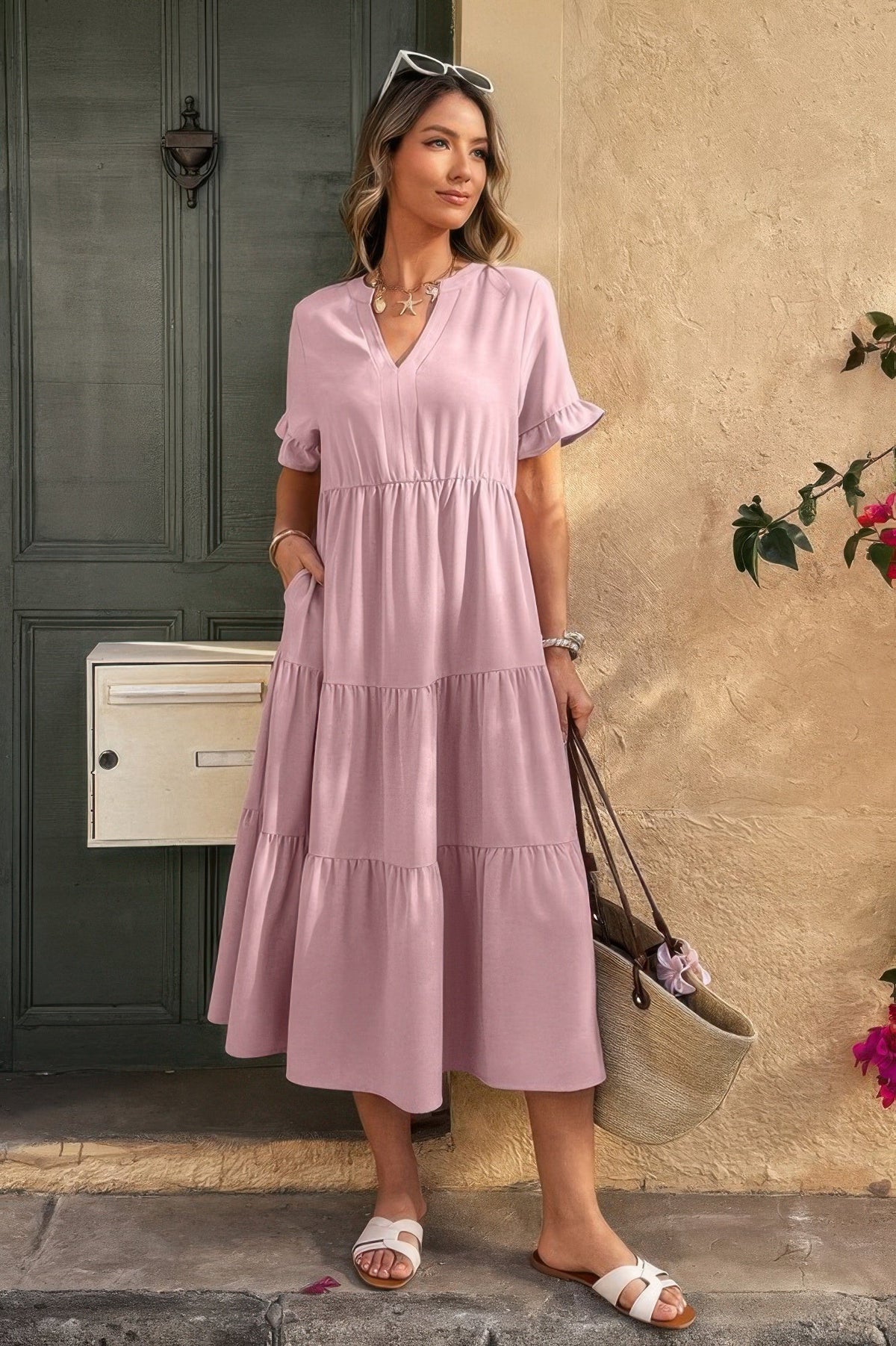 Solid V Neck A Line Ruffle Hem Pleated Dress