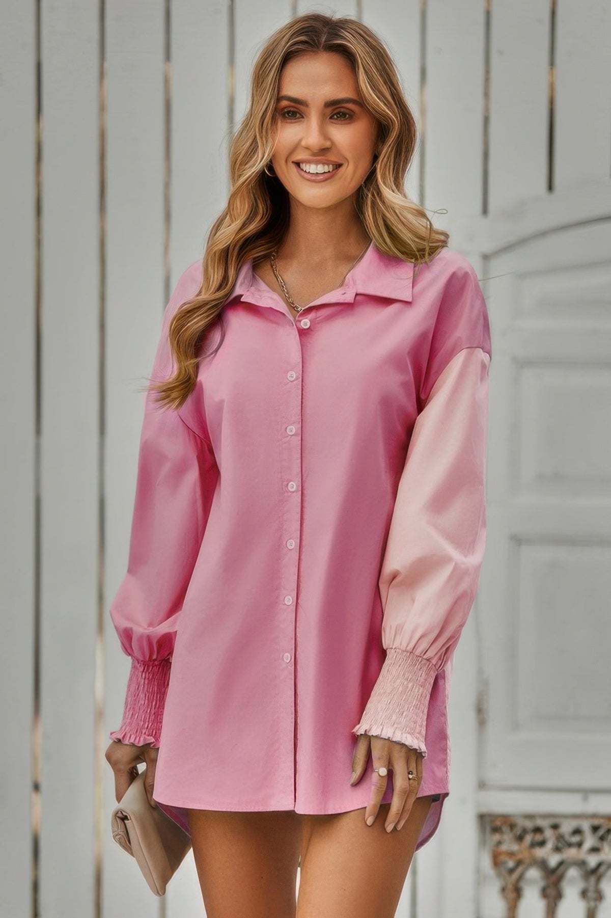 Color Block Button Down Cuffed Sleeves Blouse