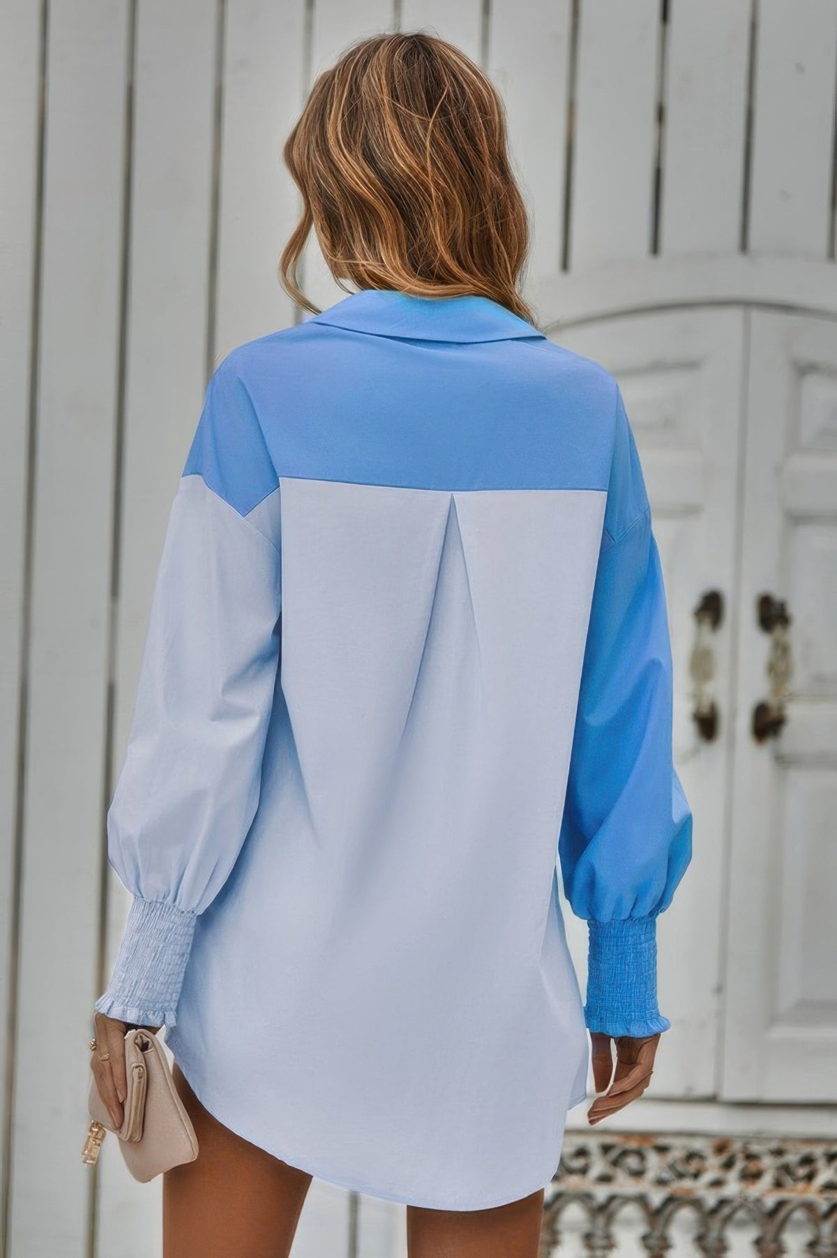 Color Block Button Down Cuffed Sleeves Blouse
