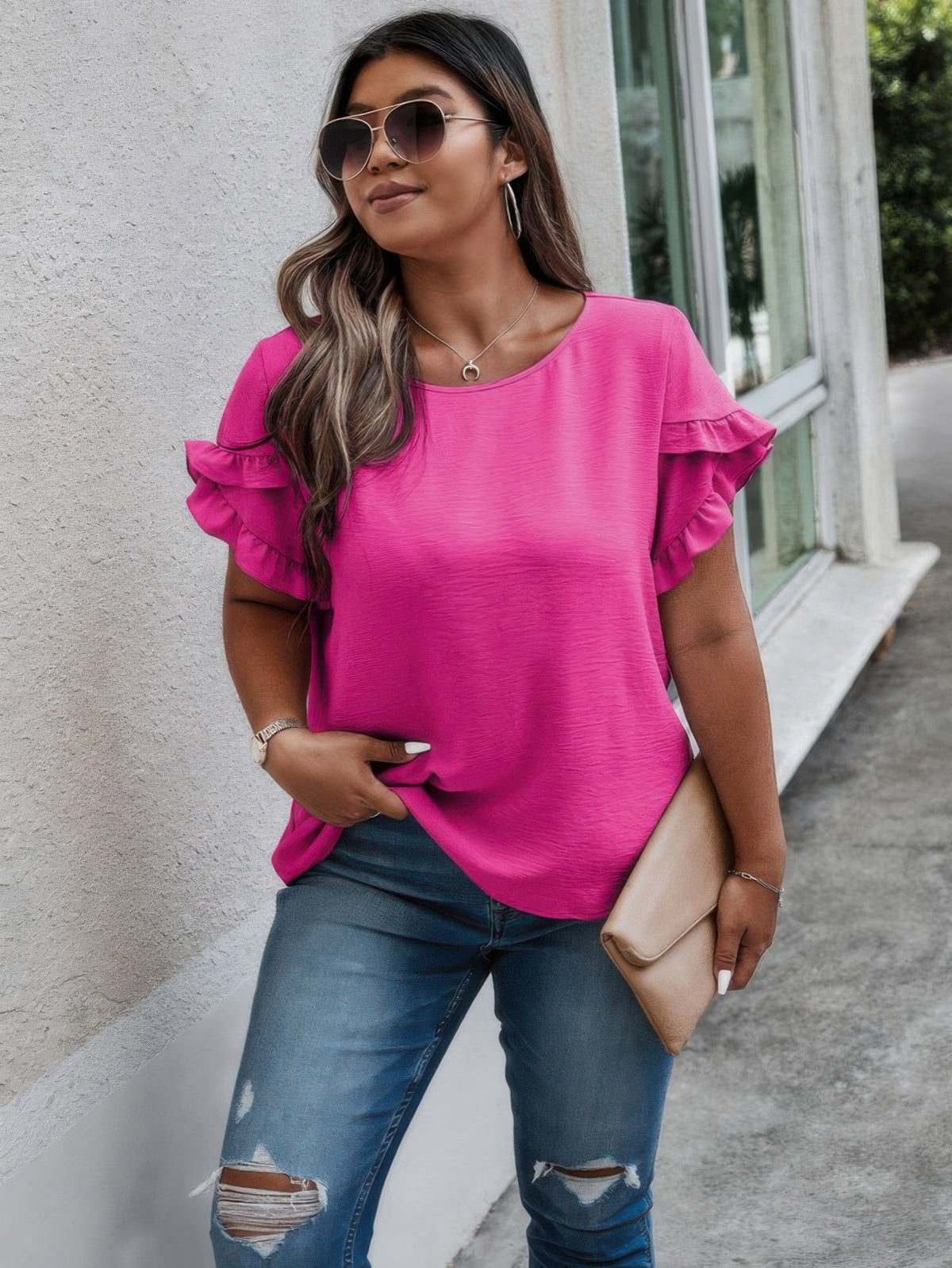 Plus Size Round Neck Ruffle Solid Loose Shirt