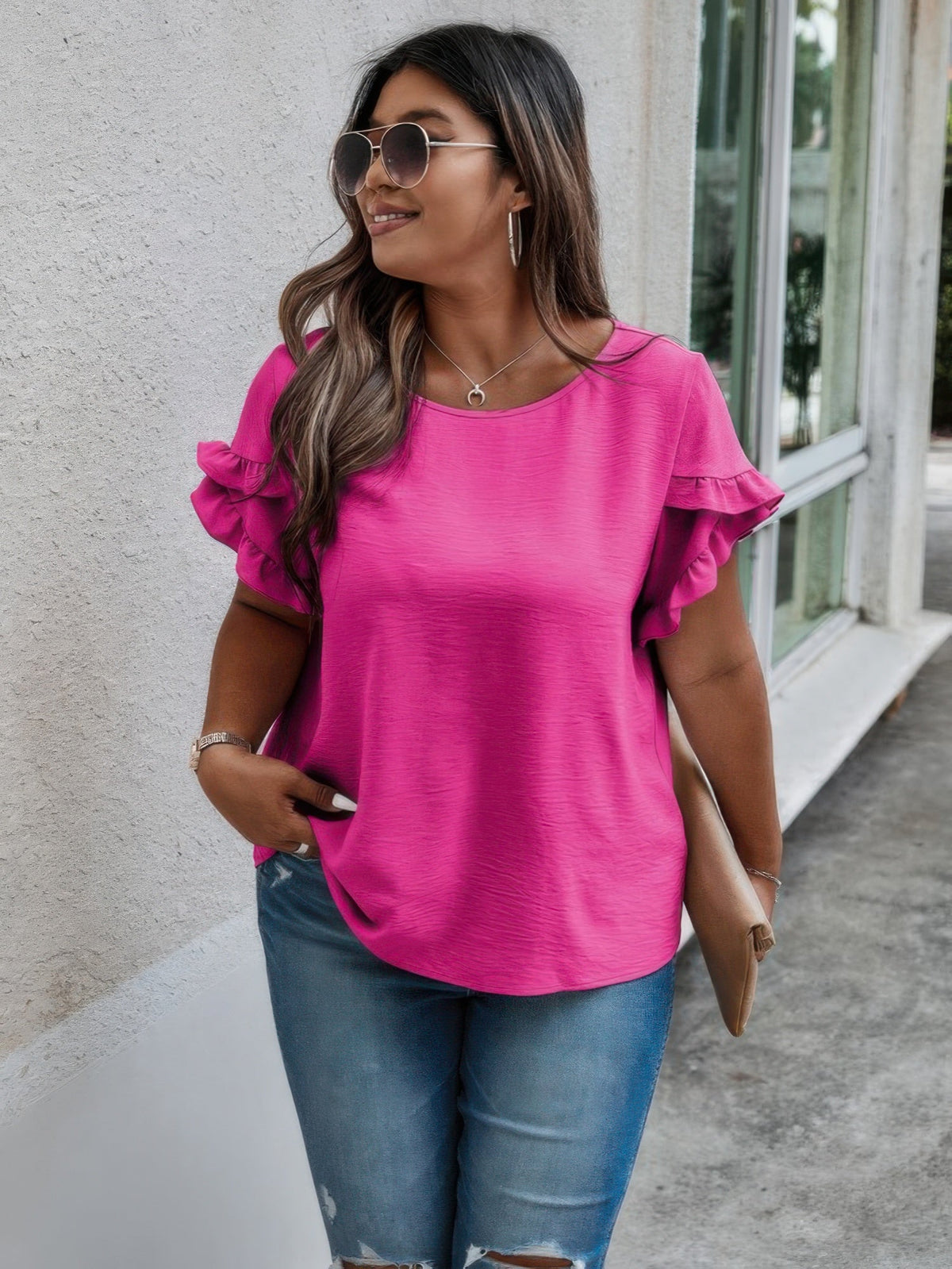 Plus Size Round Neck Ruffle Solid Loose Shirt