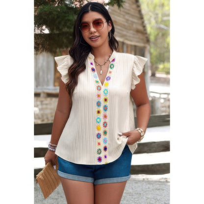 Plus Size Pleated Print V Neck Ruffle Fit Shirt