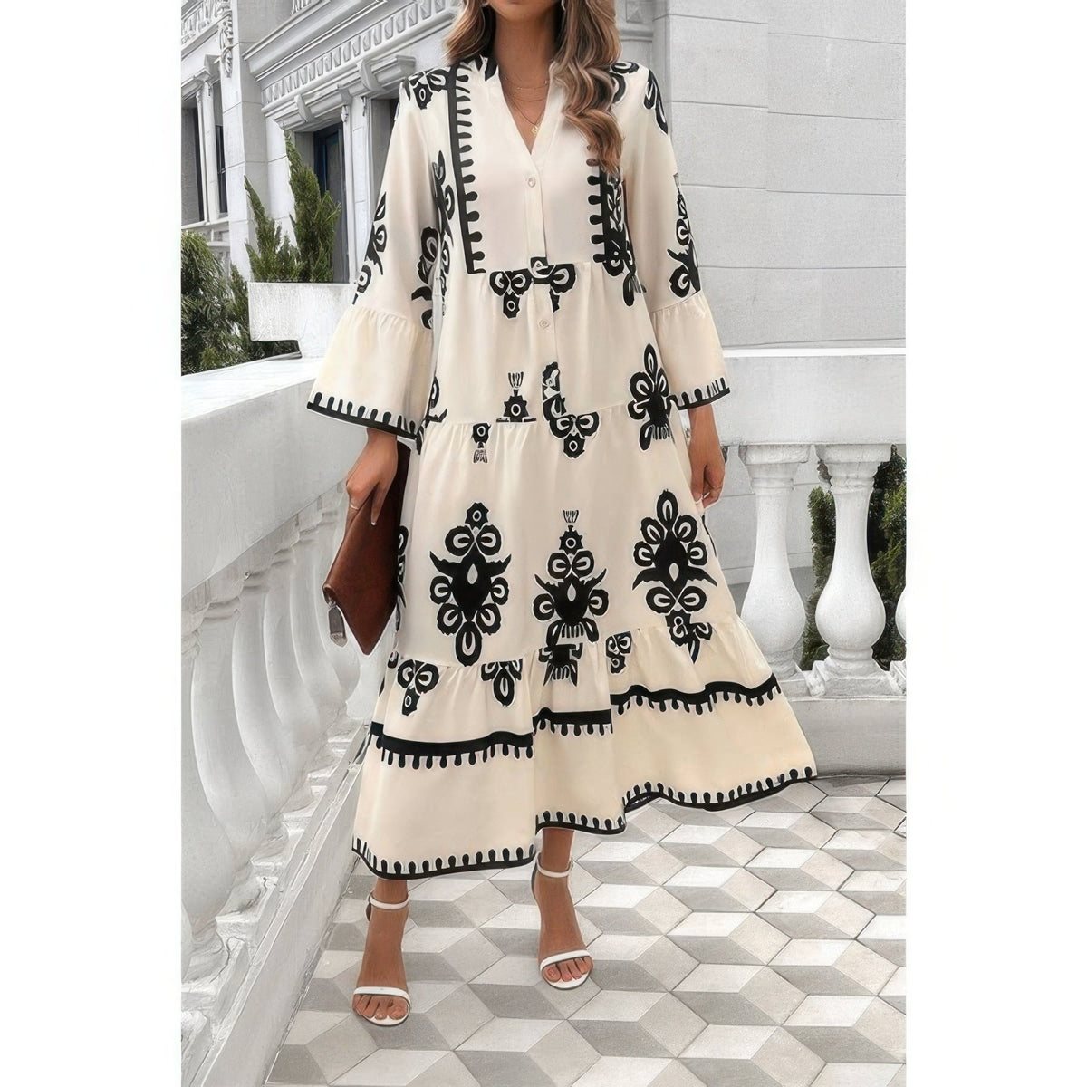 V Neck Stand Collar Button Floral Splicing Dress