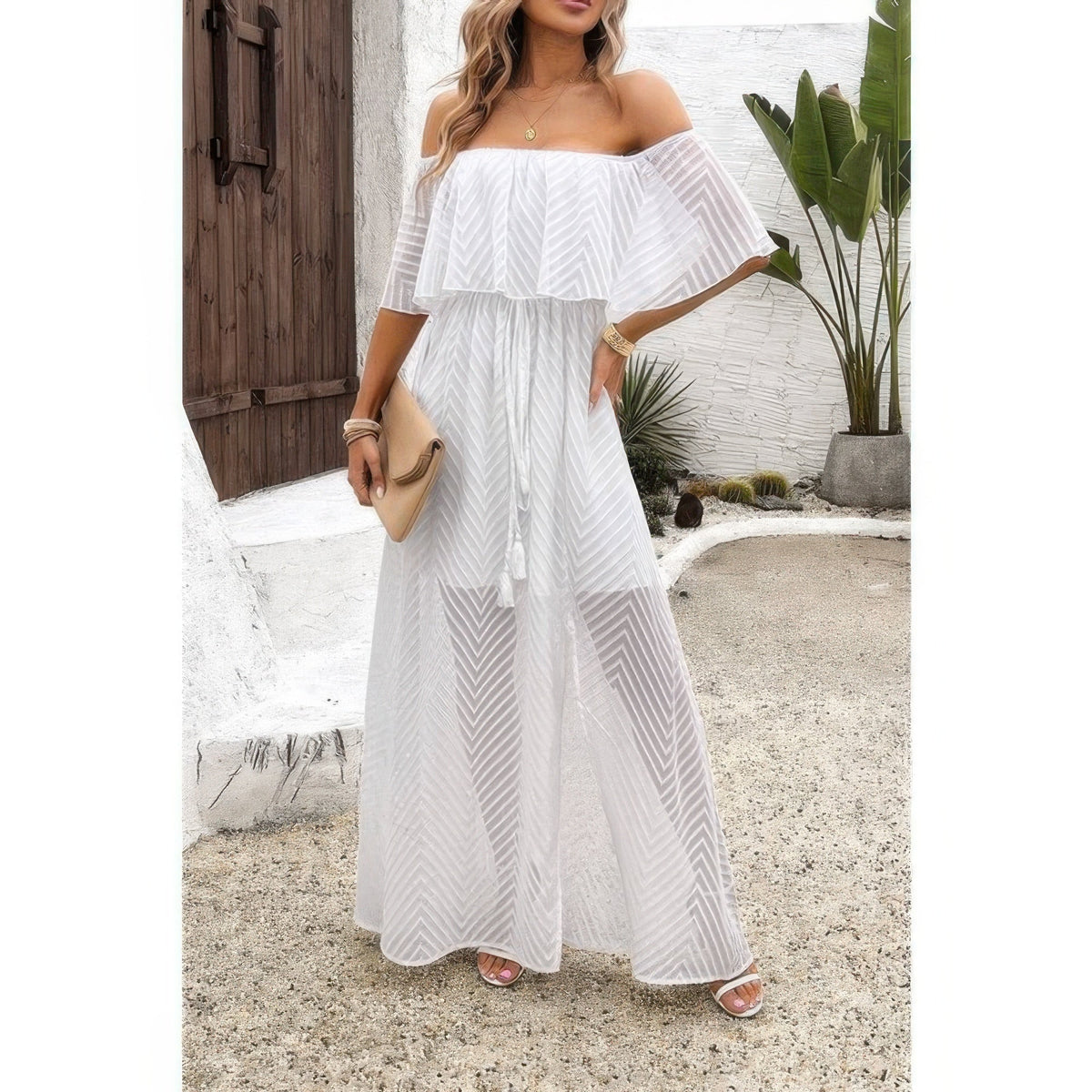 Off Shoulder Solid Tassel Ruffle Trim Split Dress