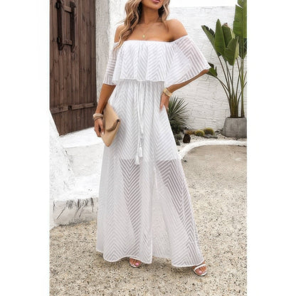 Off Shoulder Solid Tassel Ruffle Trim Split Dress