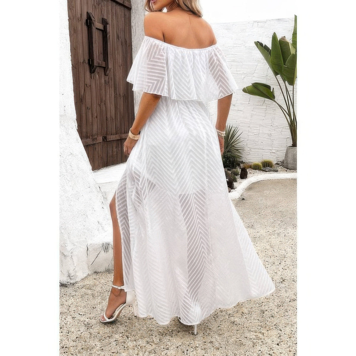 Off Shoulder Solid Tassel Ruffle Trim Split Dress