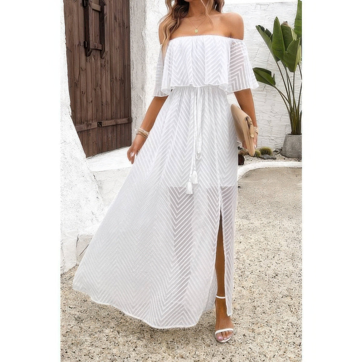 Off Shoulder Solid Tassel Ruffle Trim Split Dress