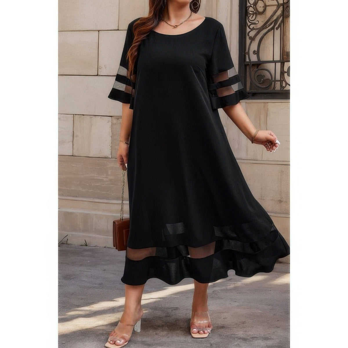 Plus Size Mesh Splicing Round Neck Long Dress