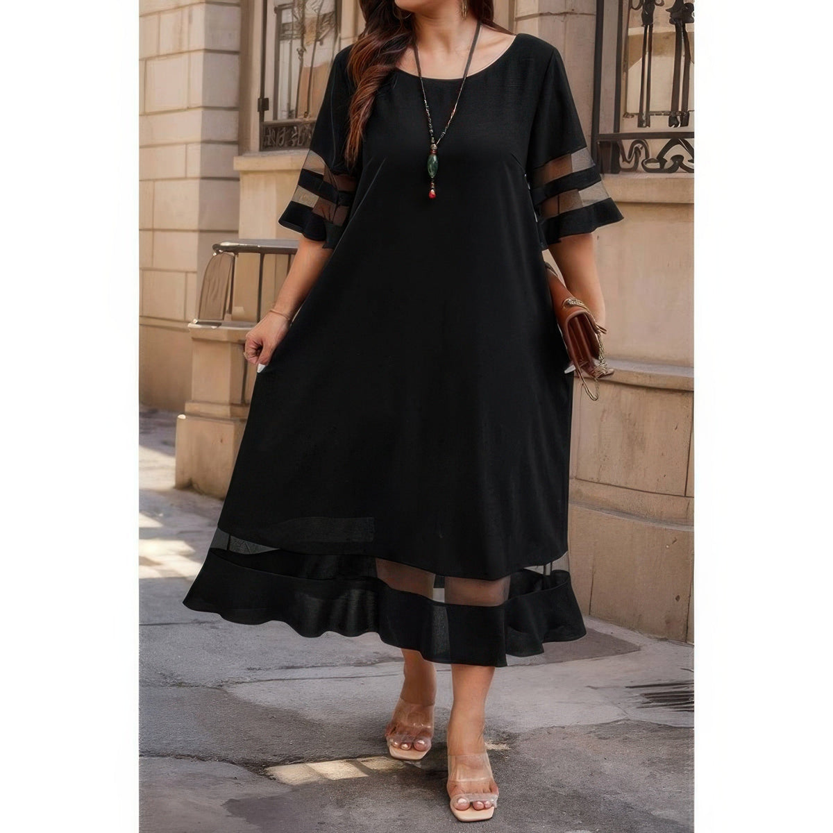 Plus Size Mesh Splicing Round Neck Long Dress