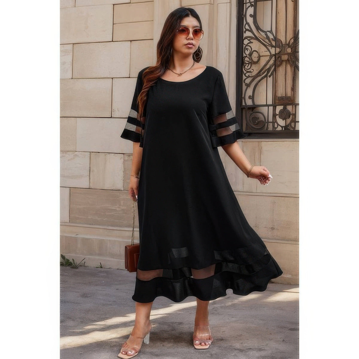 Plus Size Mesh Splicing Round Neck Long Dress