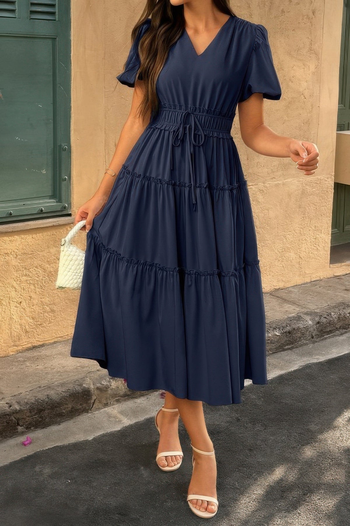Solid Color Block Puff Sleeve Elastic Waist Dress
