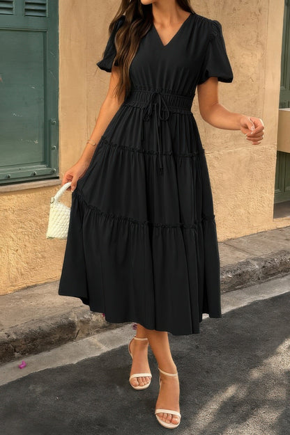 Solid Color Block Puff Sleeve Elastic Waist Dress