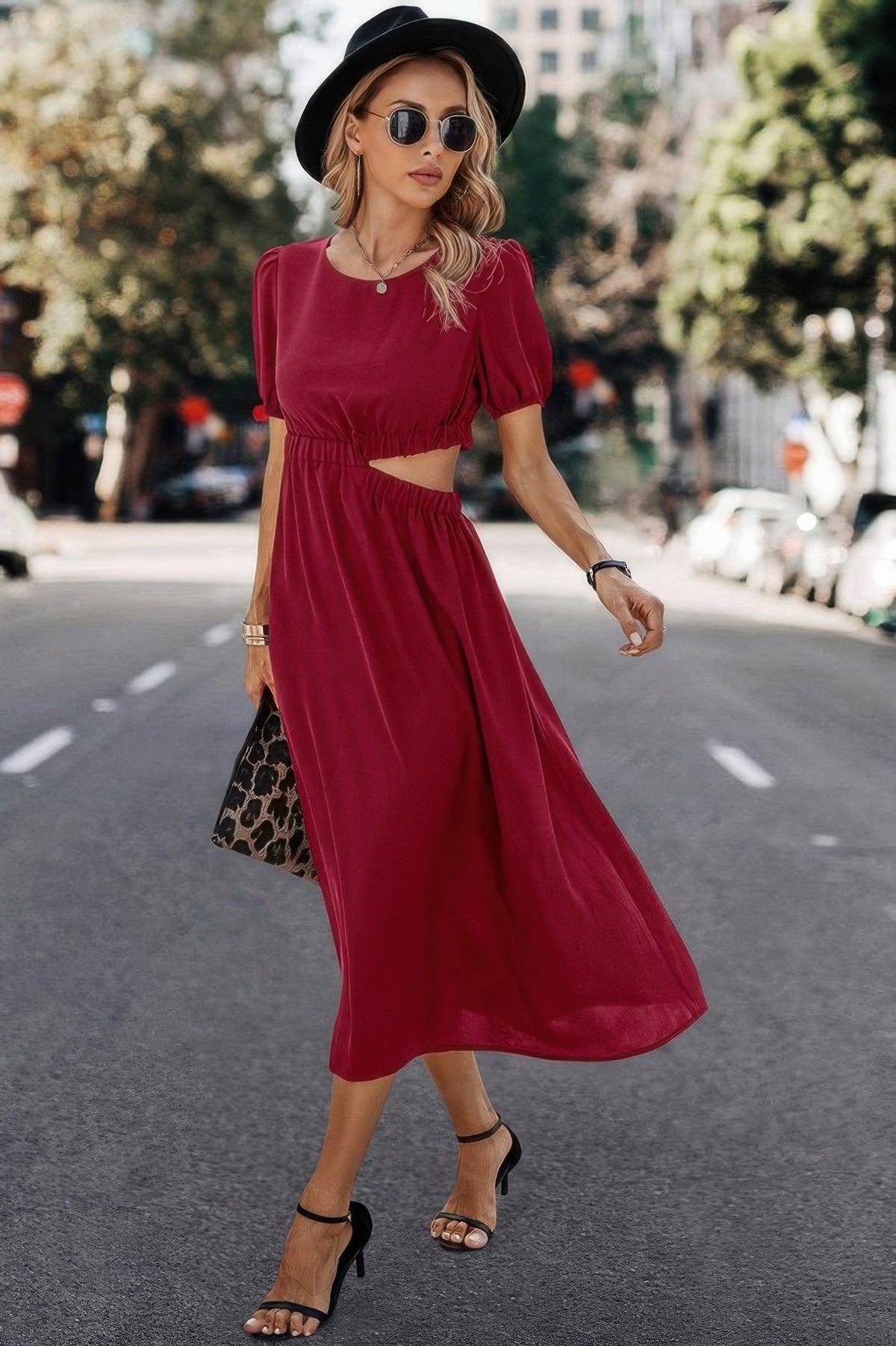 Solid Round Neck Cutout Waist A Line Midi Dress