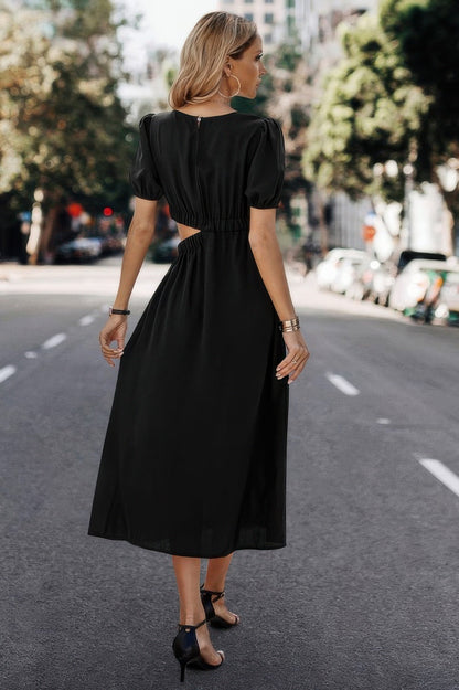 Solid Round Neck Cutout Waist A Line Midi Dress