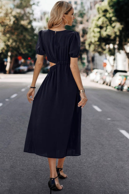 Solid Round Neck Cutout Waist A Line Midi Dress