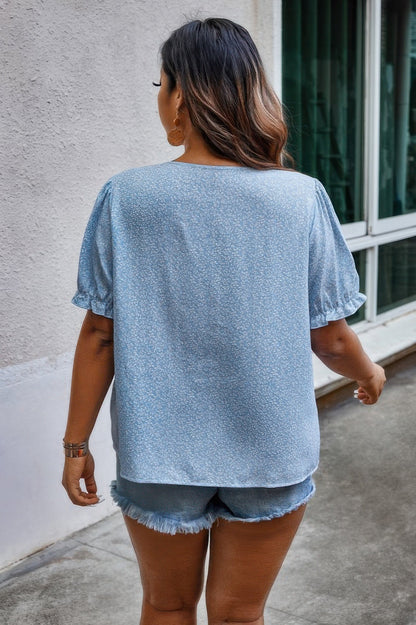 Plus Boho Flower Decoration Loose V Neck Shirt
