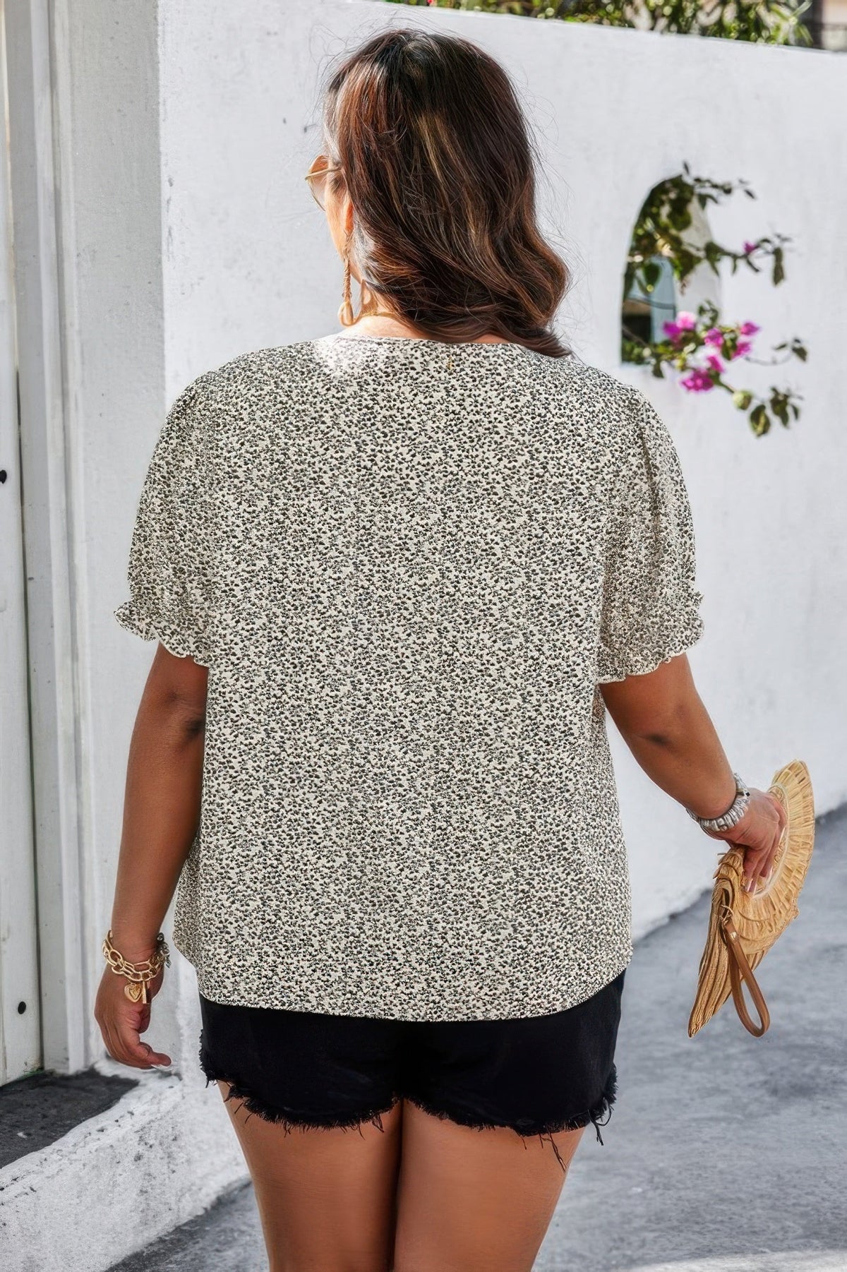Plus Boho Flower Decoration Loose V Neck Shirt