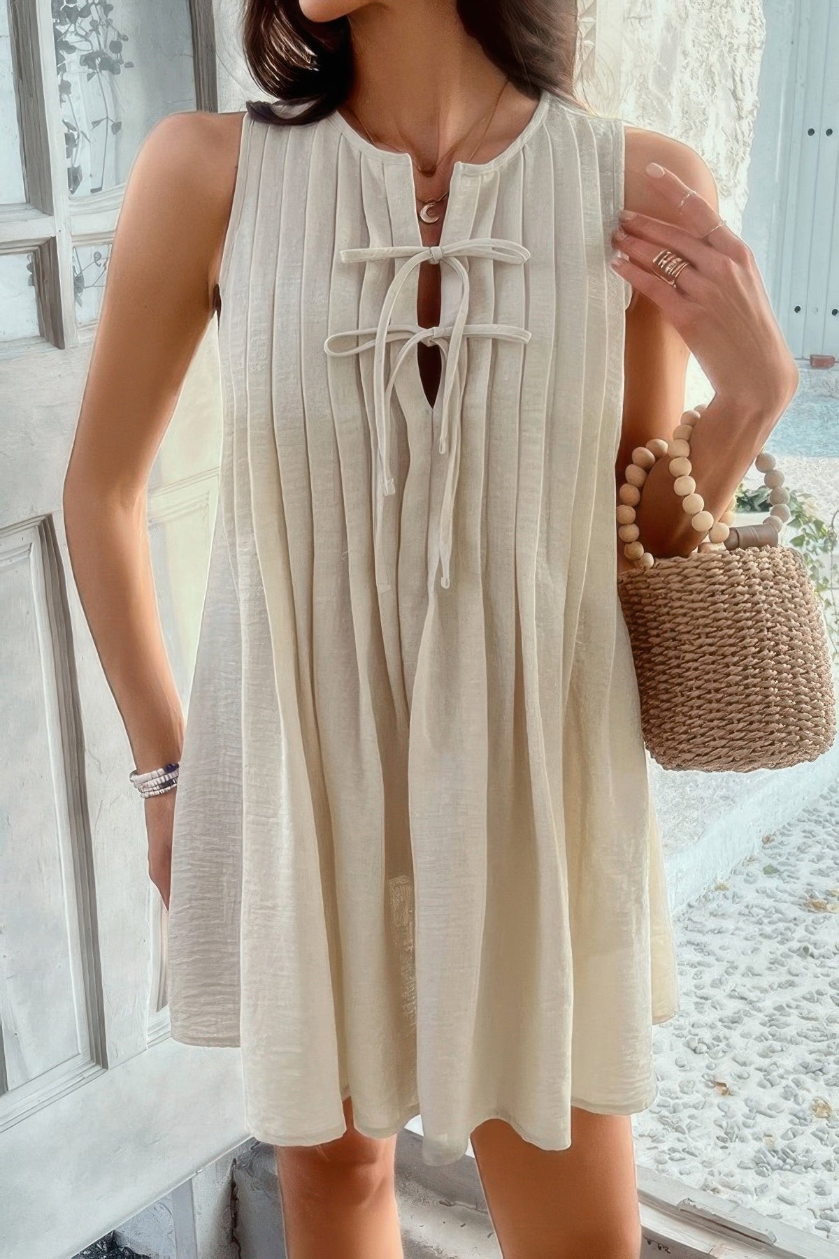 Solid Tie Knot Pleated Sleeveless Mini Dress