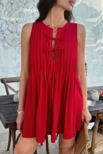 Solid Tie Knot Pleated Sleeveless Mini Dress