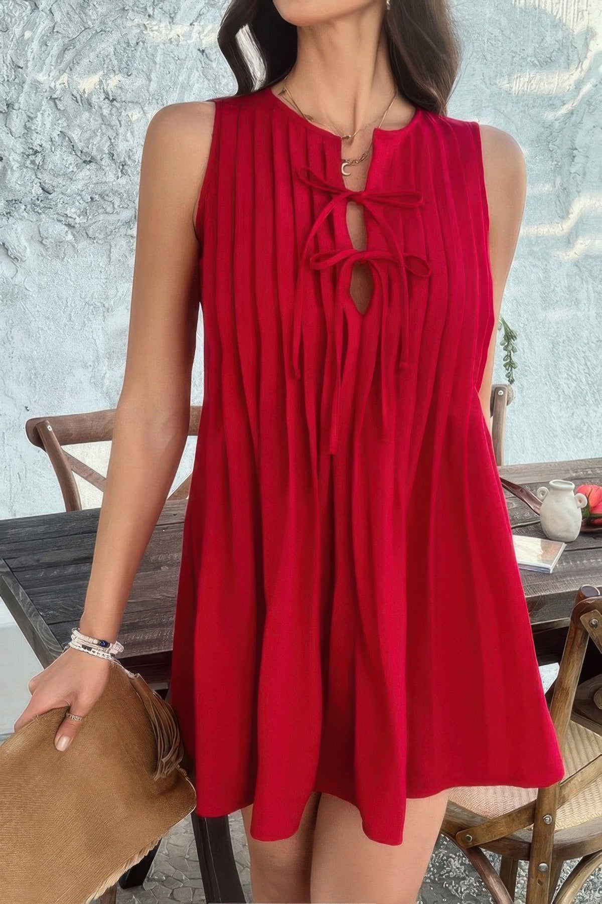 Solid Tie Knot Pleated Sleeveless Mini Dress