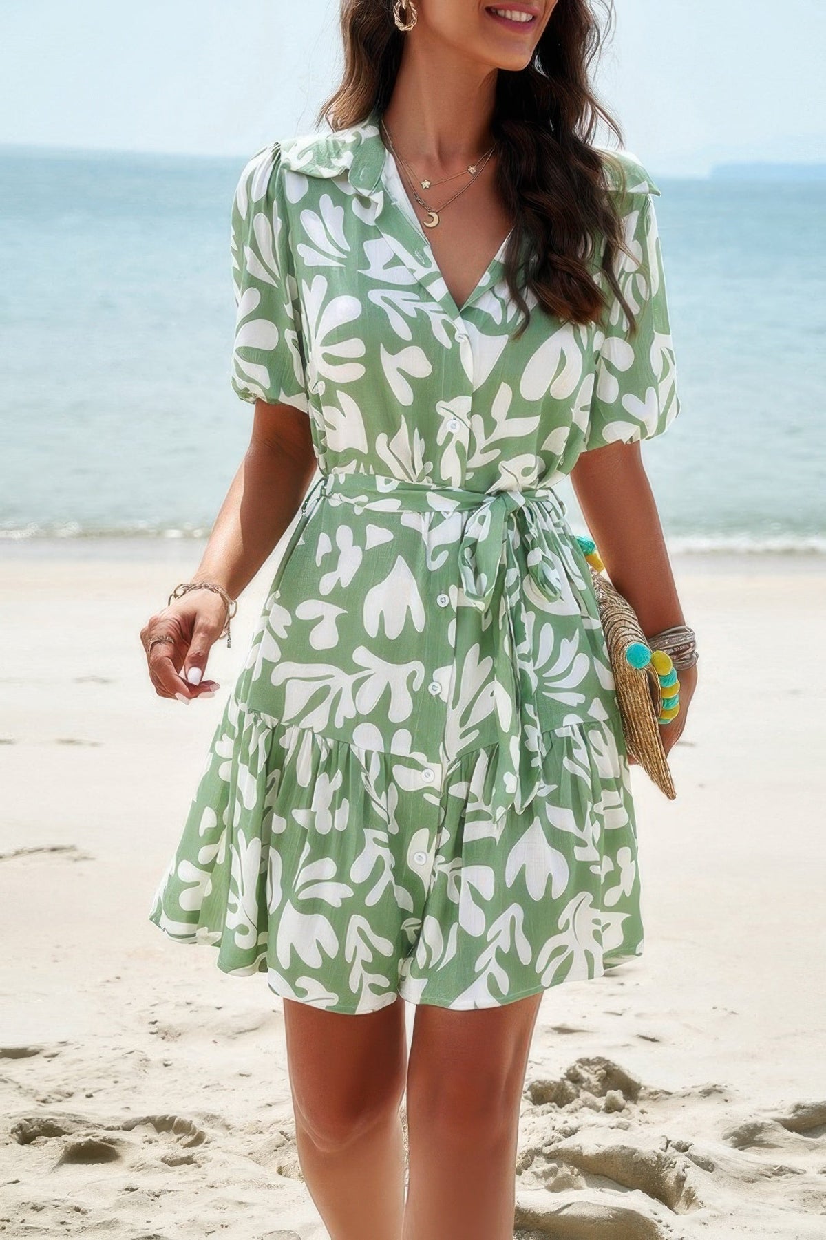 Random Print Button Down Belt Ruffle Midi Dress