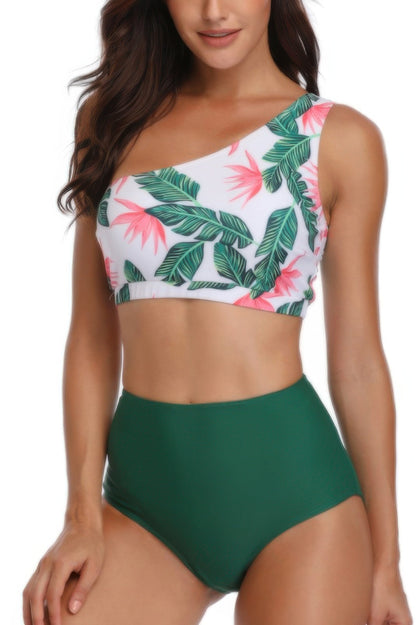 Two Pieces One Shoulder Printed Swimsuit