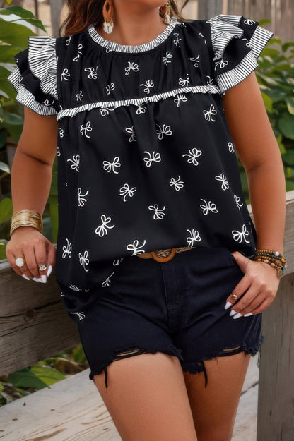 Plus Size Ruffle Hem Random Print Loose Shirt