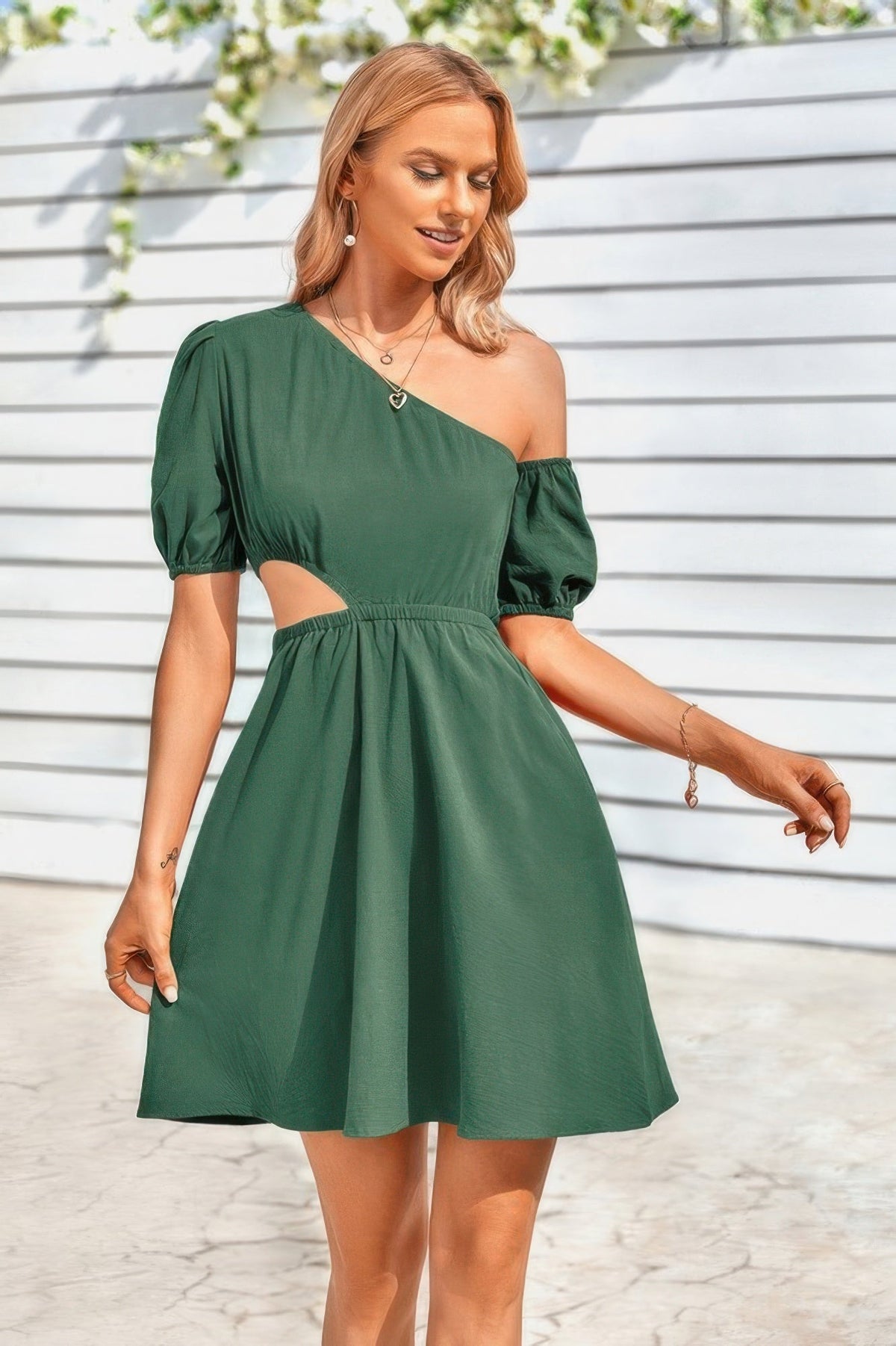 One Shoulder Puff Sleeve Fit Flare Short Dress