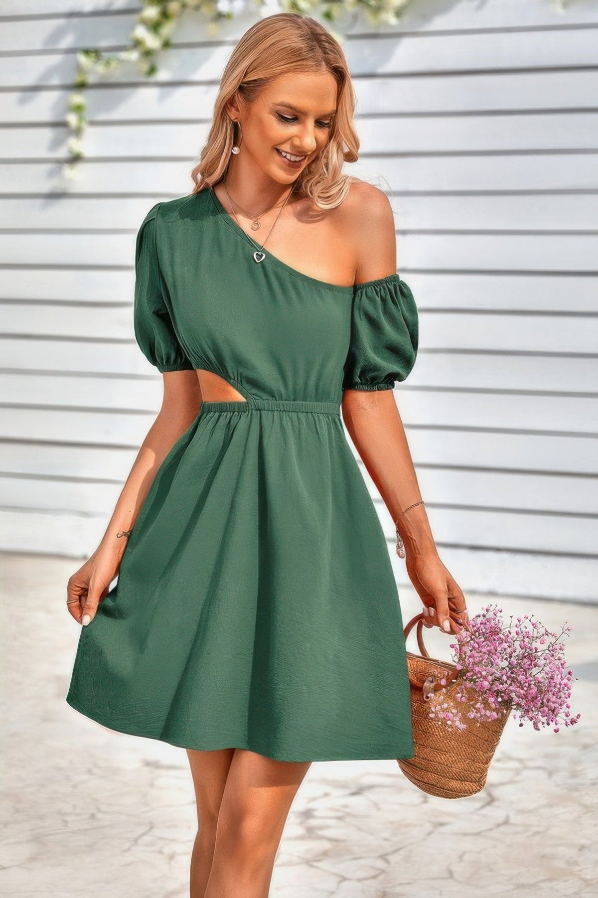 One Shoulder Puff Sleeve Fit Flare Short Dress