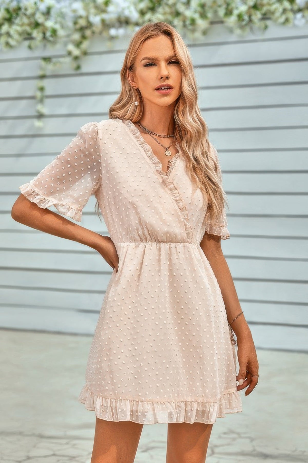 Solid Ruffle Hem Swiss Dot Short Sleeve Midi Dress