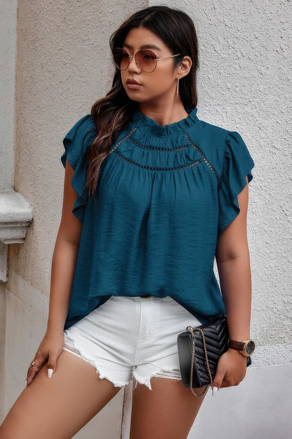 Plus Hollow Out Frill Collar Cap Sleeves Shirt