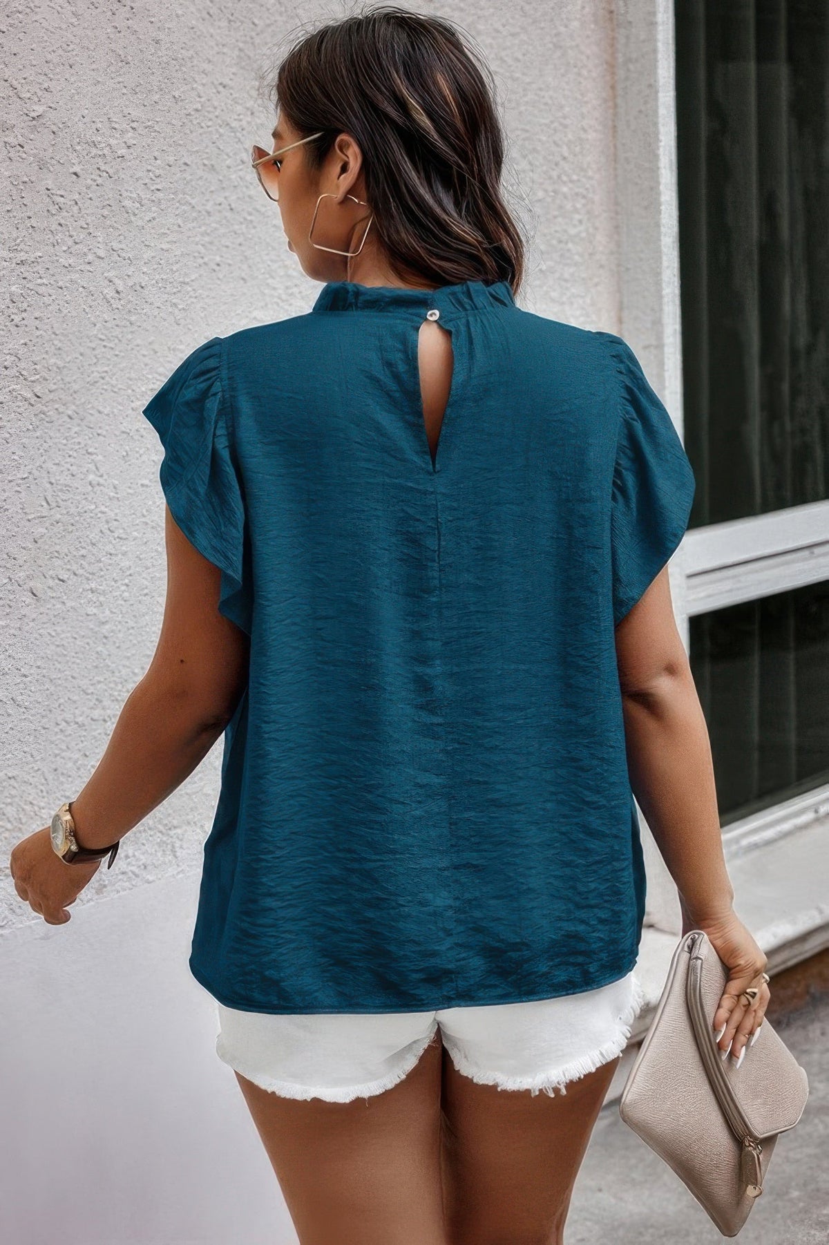 Plus Hollow Out Frill Collar Cap Sleeves Shirt