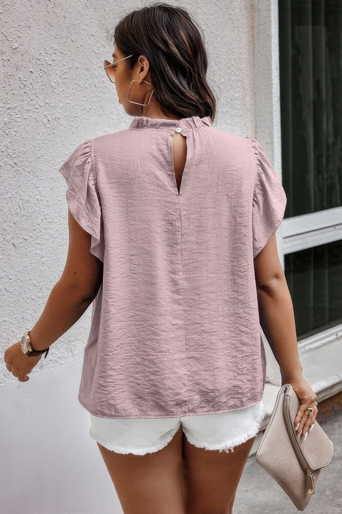 Plus Hollow Out Frill Collar Cap Sleeves Shirt