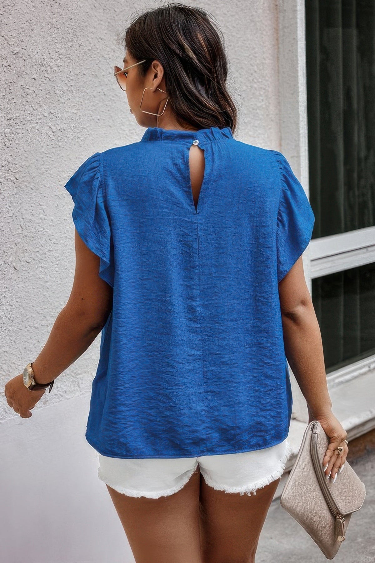 Plus Hollow Out Frill Collar Cap Sleeves Shirt