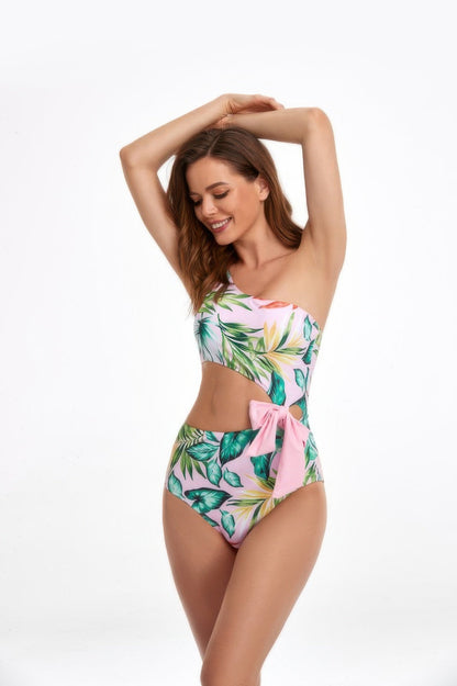 Solid One Shoulder Cut Out Waist Knot Swimsuit