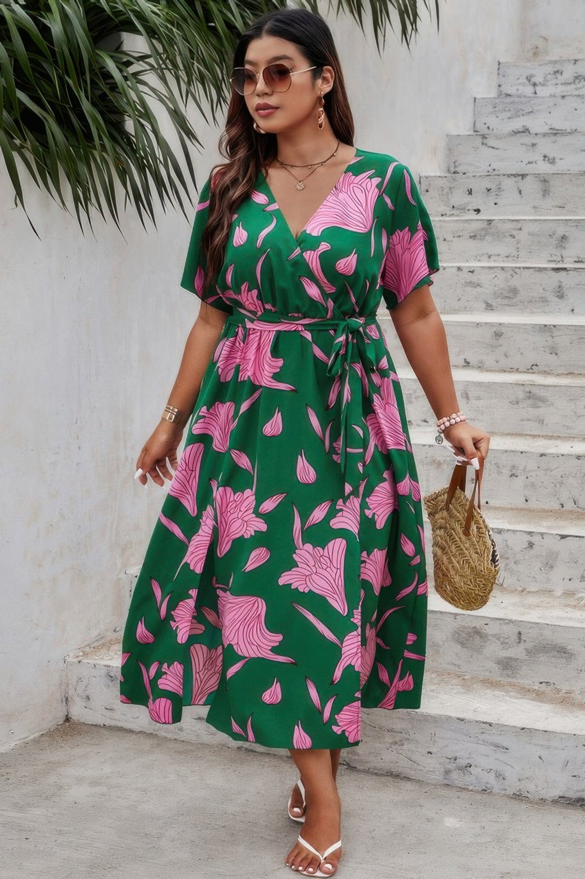 Plus Floral Short Sleeve Split Belted Midi Dress
